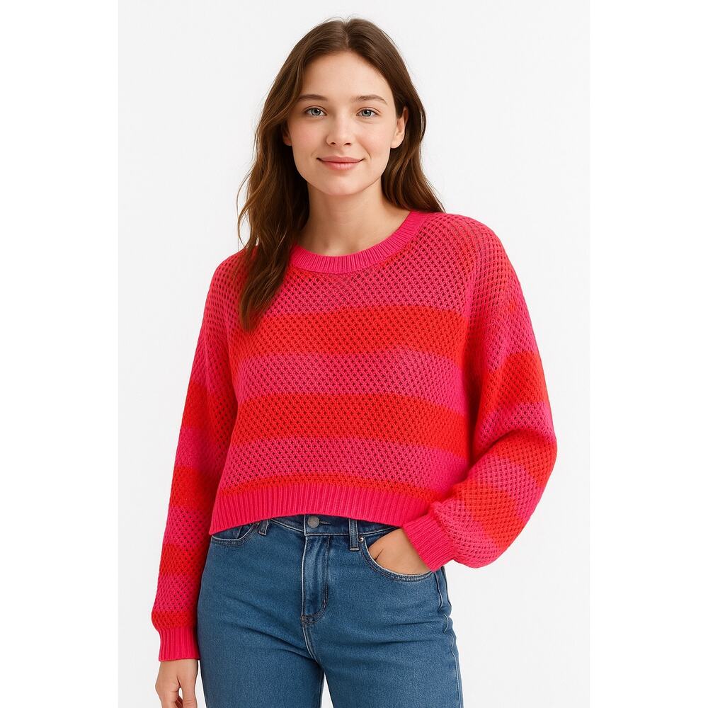 Lorna Jane Knit Red Pink Striped Long Sleeve Round Neck Open Knit Sweater Size M